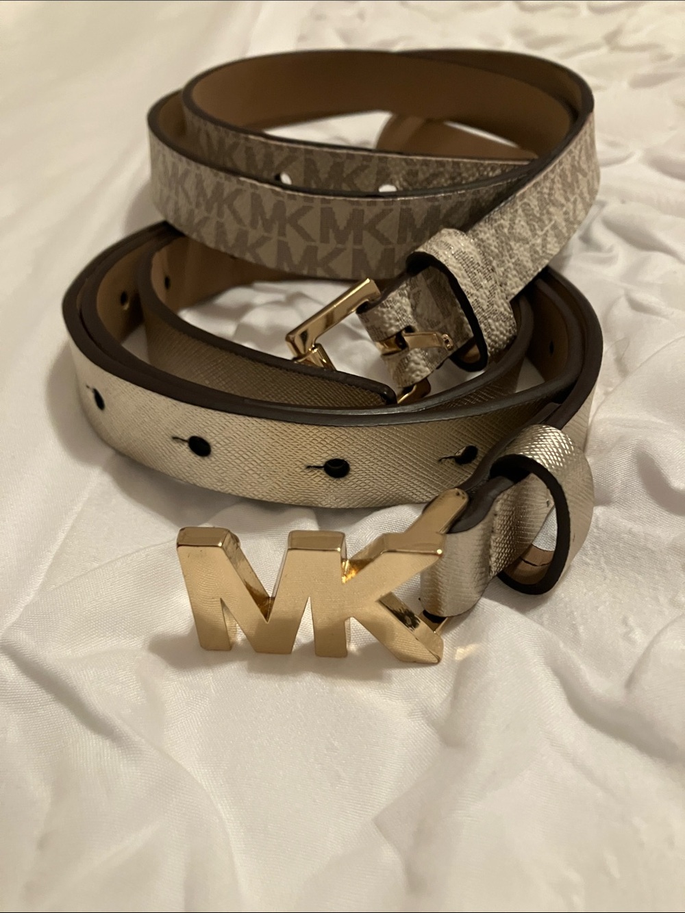 Michael Kors Cream/Tan MK Logo Belt with Gold Buckle